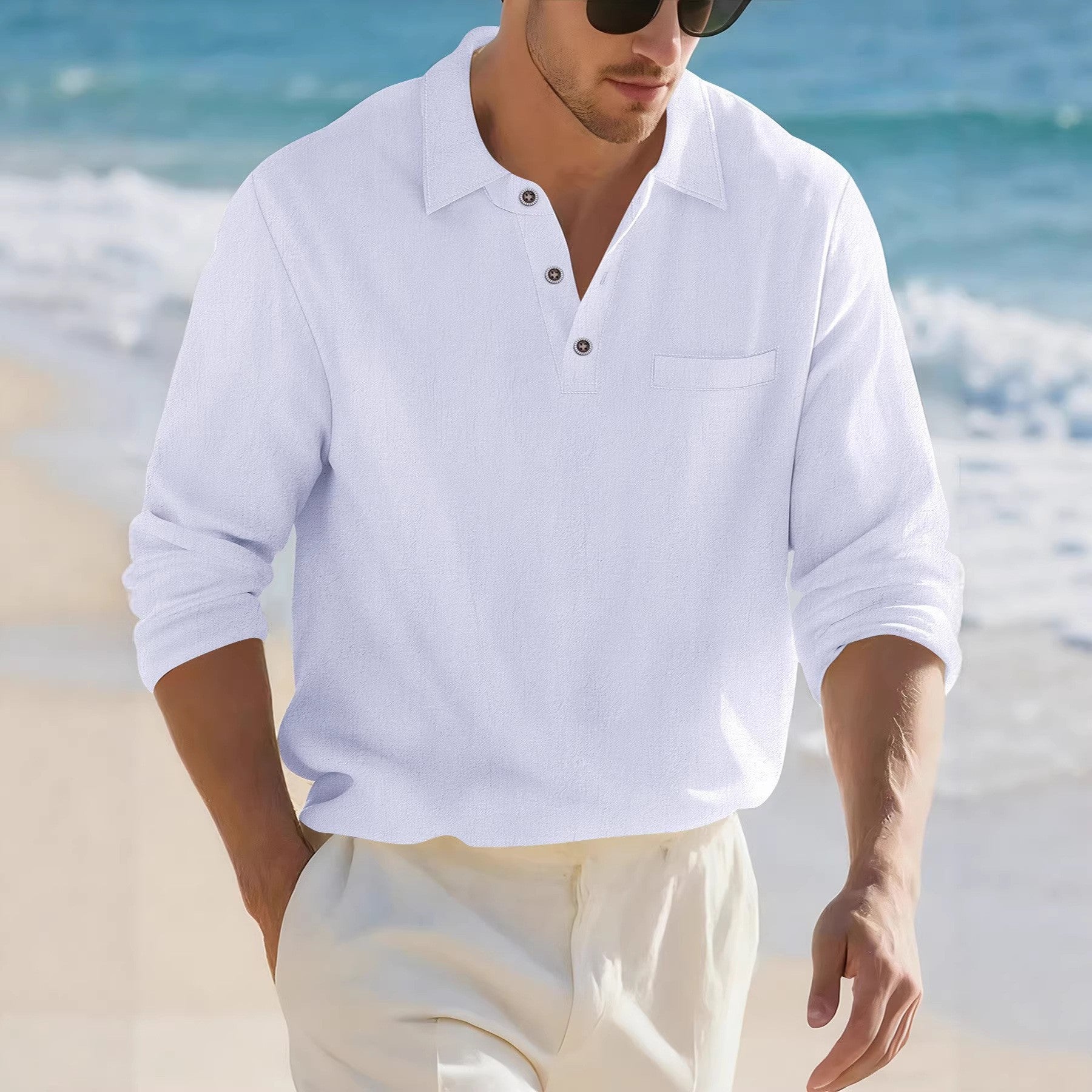 Men's Spring/Autumn Casual Shirt: Loose-Fit, Solid Color, Moisture-Wicking Cotton-Linen Long-Sleeve Shirt with Turn-Down Collar and Beaded Accents