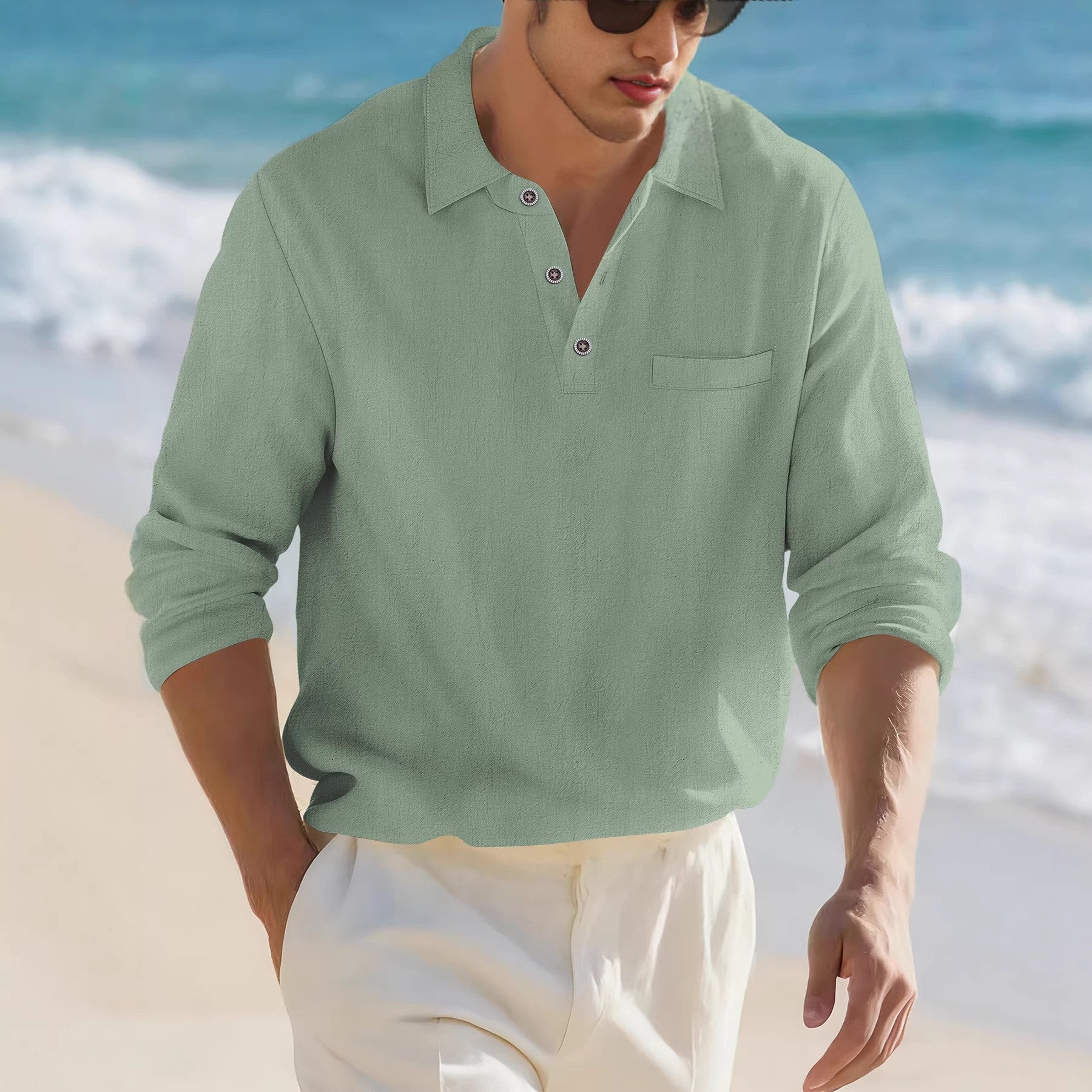 Men's Spring/Autumn Casual Shirt: Loose-Fit, Solid Color, Moisture-Wicking Cotton-Linen Long-Sleeve Shirt with Turn-Down Collar and Beaded Accents