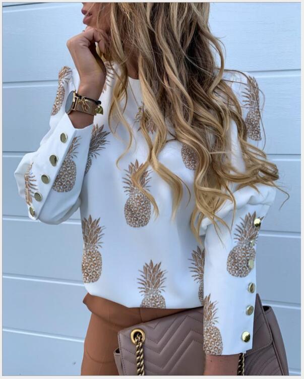 Spring Fashion Shirt — Long-Sleeve Cropped Top — Women's Pineapple-Print Blouse — Slim-Fit Casual— Crew Neck High-Street Shirt